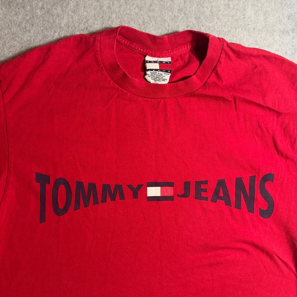 Vintage Tommy Jeans T-Shirt Mens Medium Red Logo Spellout Made in USA 90s VTG